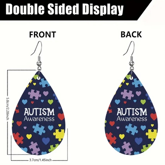 🧩❤️ Autism Awareness Faux Leather Teardrop Lightweight Dangle Earrings🧩❤️ - Picture 2 of 3